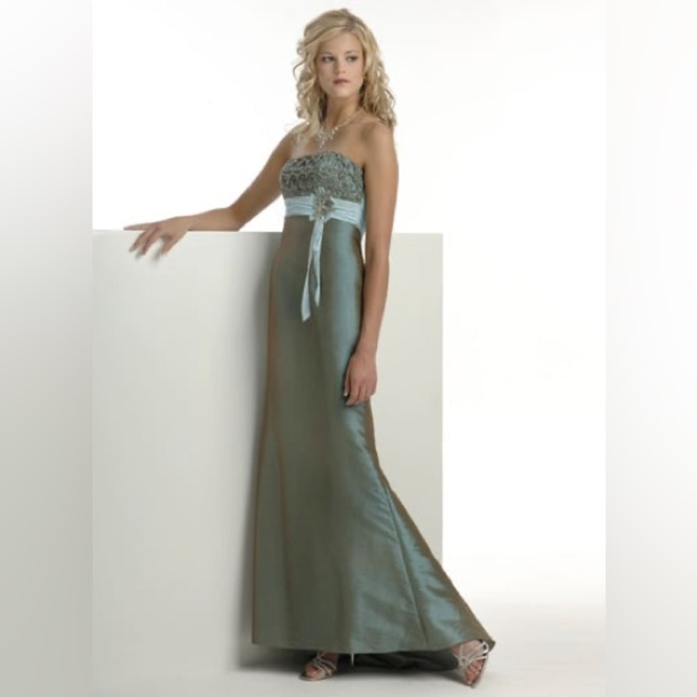 Maggie Sottero Sage Green Strapless Satin Prom Dress